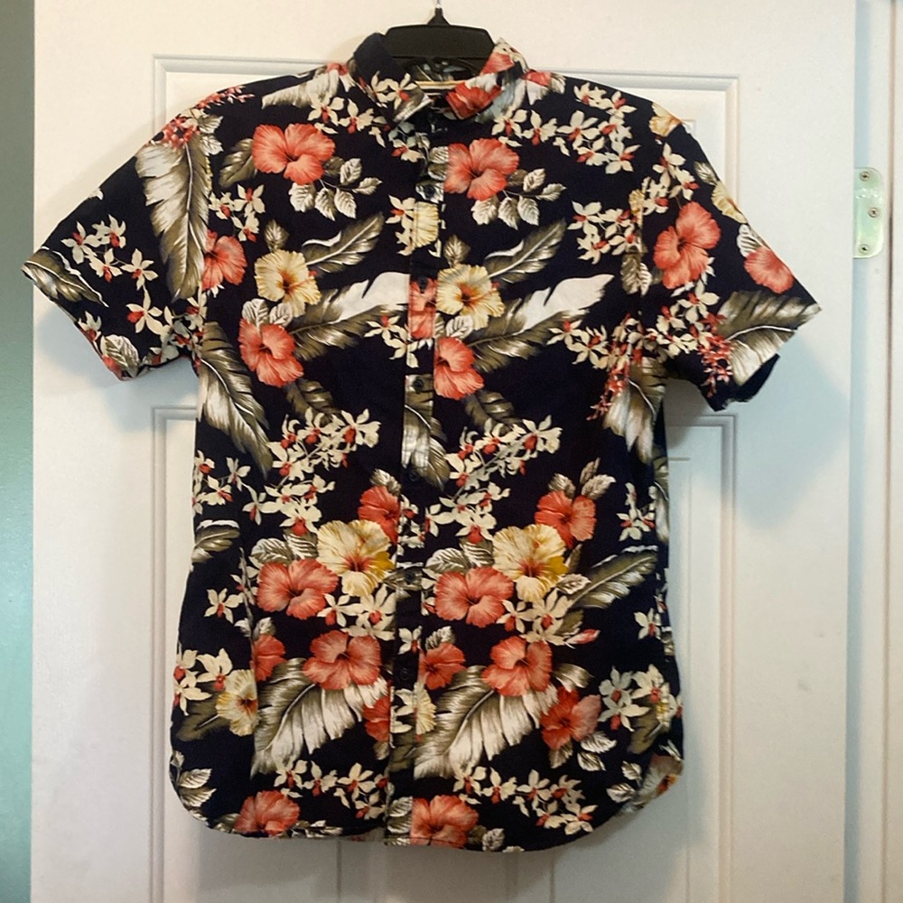 Denim & Flower Blue and Peach Casual Button Down Shirt